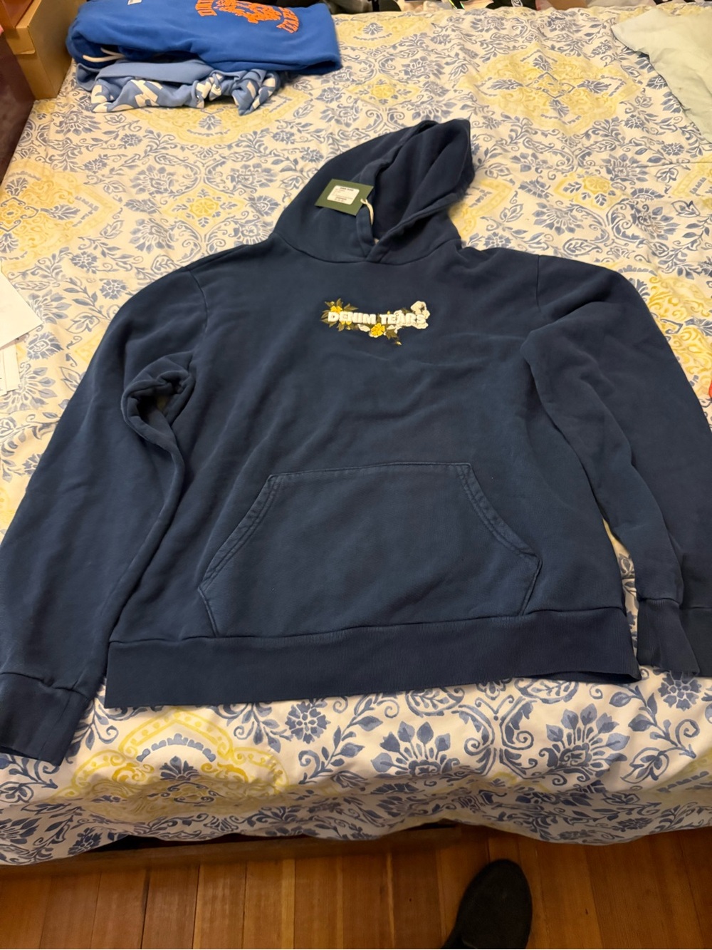 Denim Tears Embroidered Floral Logo Men’s Navy Blue Zip-Up Hooded Sweater